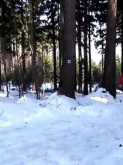 15 pictures - Dark haired babe pisses in the snow outside