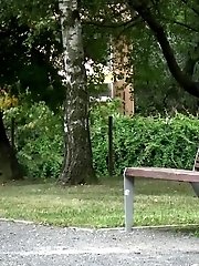 15 pictures - Gorgeous redhead lifts up her legs to piss outside