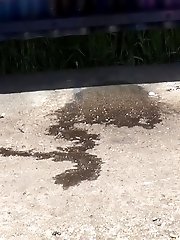 15 pictures - Cute redhead pisses onto a wooden bench